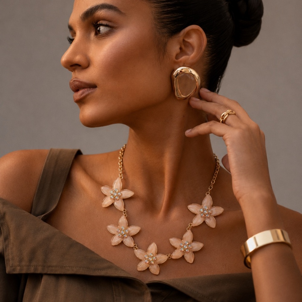 Peach Floral Statement Necklace with Iridescent Crystals